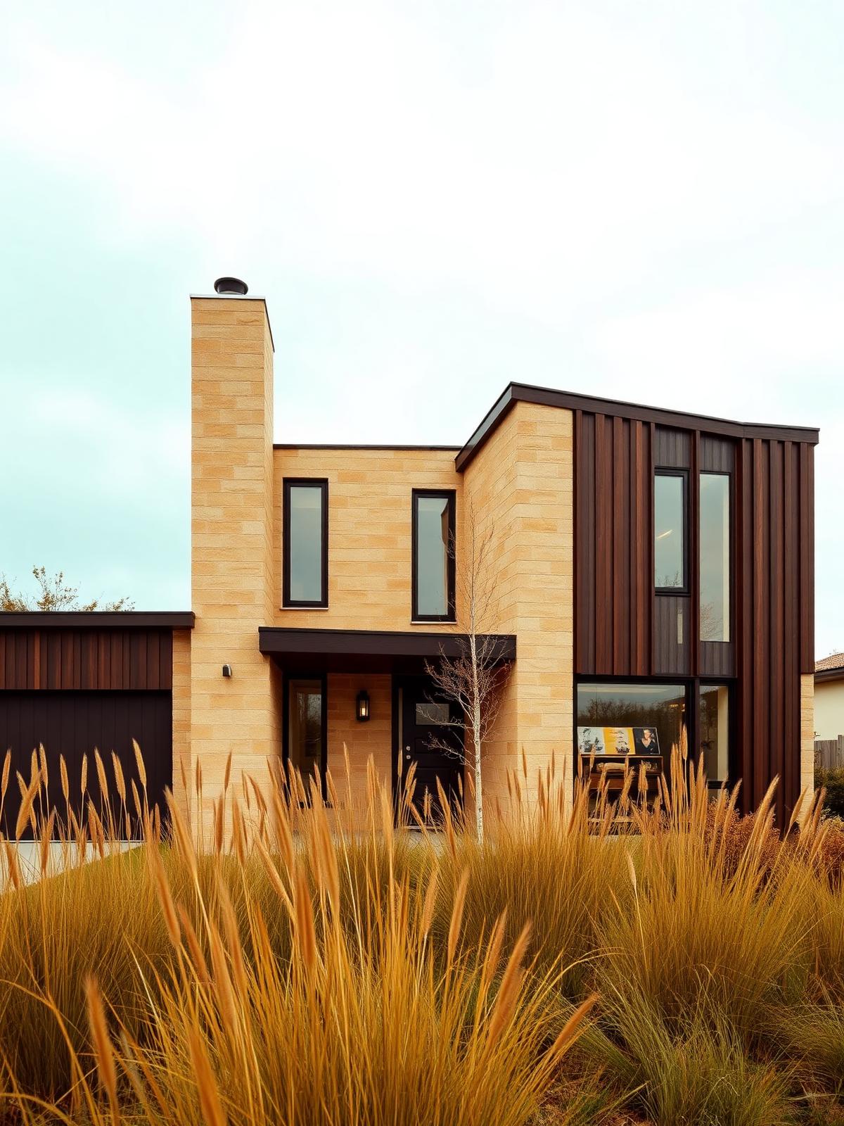 A custom-built modern home framed by tall grasses